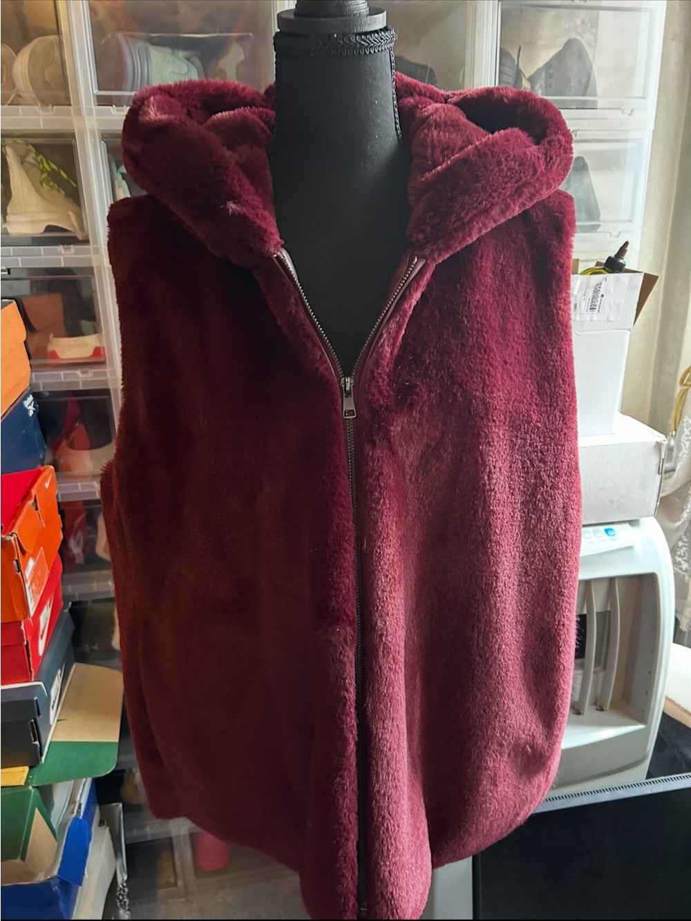 Simply Vera Vera Wang Plush Hooded Faux Fur Vest - Wine/Burgundy